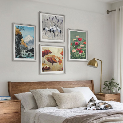 Set of 4 wall art pieces Mountains waterfall birds flowers