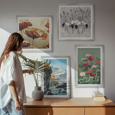 Set of 4 wall art pieces featuring mountains, waterfall, birds, and flowers