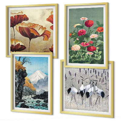 Set of 4 wall art pieces Mountains waterfall birds flowers