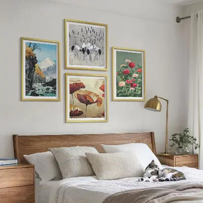 Set of 4 wall art pieces featuring mountains, waterfall, birds, and flowers