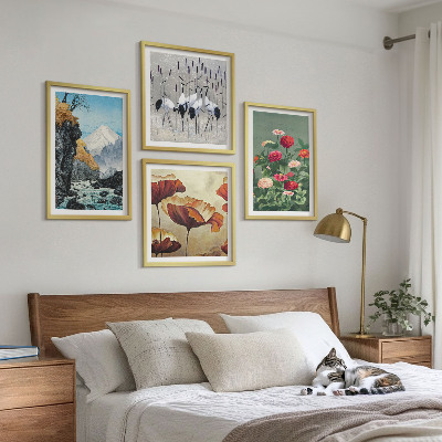 Set of 4 wall art pieces Mountains waterfall birds flowers