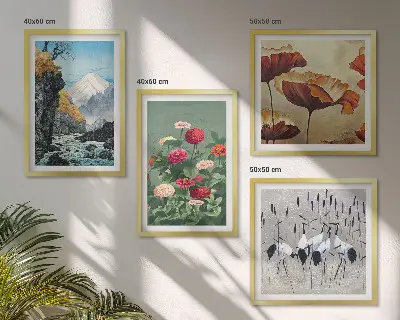Set of 4 wall art pieces featuring mountains, waterfall, birds, and flowers
