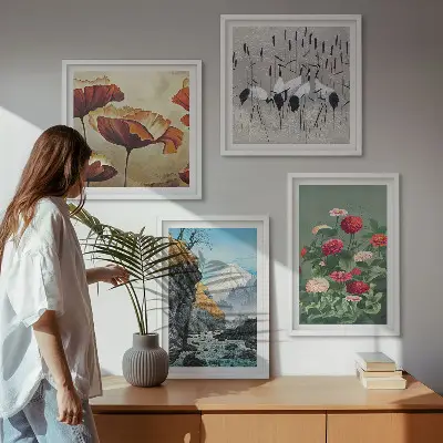Set of 4 wall art pieces featuring mountains, waterfall, birds, and flowers