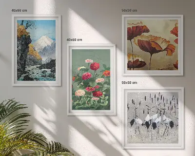 Set of 4 wall art pieces featuring mountains, waterfall, birds, and flowers