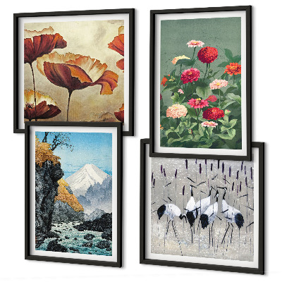 Set of 4 wall art pieces Mountains waterfall birds flowers