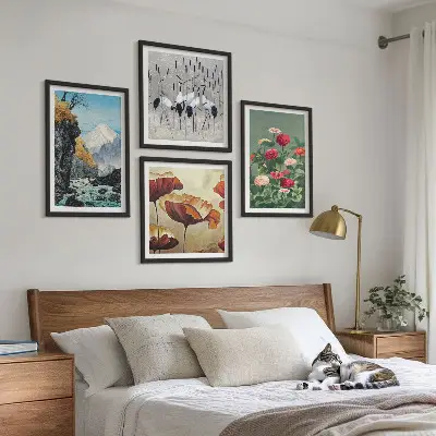 Set of 4 wall art pieces featuring mountains, waterfall, birds, and flowers