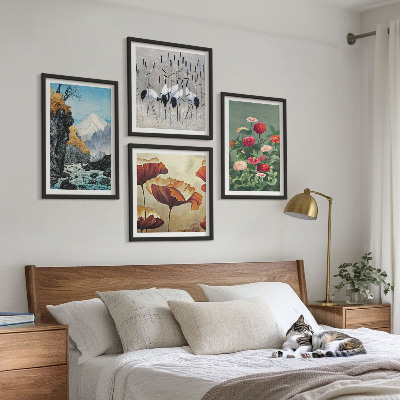 Set of 4 wall art pieces Mountains waterfall birds flowers