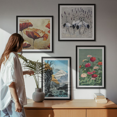 Set of 4 wall art pieces Mountains waterfall birds flowers