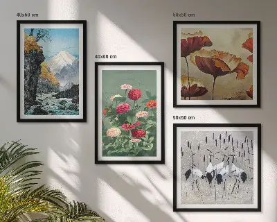 Set of 4 wall art pieces featuring mountains, waterfall, birds, and flowers