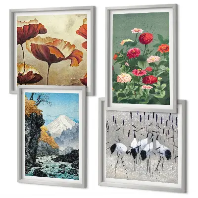Set of 4 wall art pieces featuring mountains, waterfall, birds, and flowers