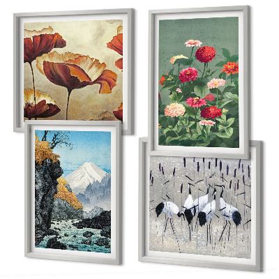 Set of 4 wall art pieces Mountains waterfall birds flowers