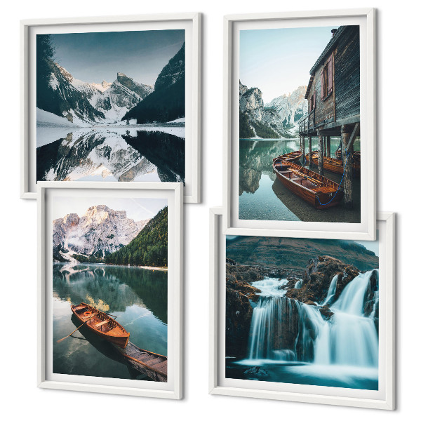 Set of 4 wall art pieces Mountain lakes boats reflection
