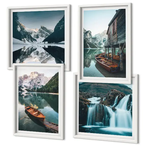 Mountain lakes boats reflection wall art set of 4 pieces