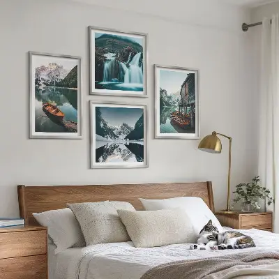 Mountain lakes boats reflection wall art set of 4 pieces
