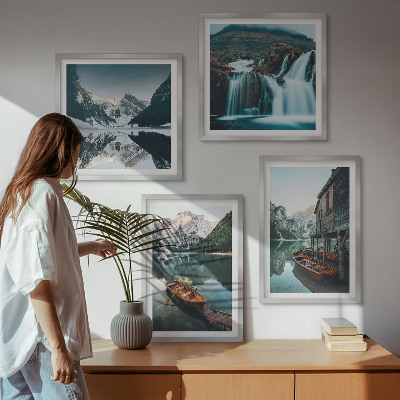 Set of 4 wall art pieces Mountain lakes boats reflection