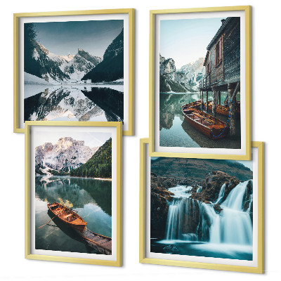 Set of 4 wall art pieces Mountain lakes boats reflection