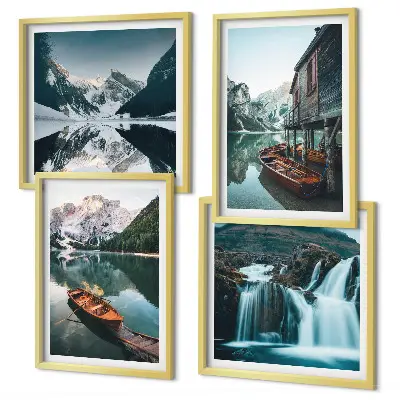 Mountain lakes boats reflection wall art set of 4 pieces