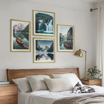 Mountain lakes boats reflection wall art set of 4 pieces