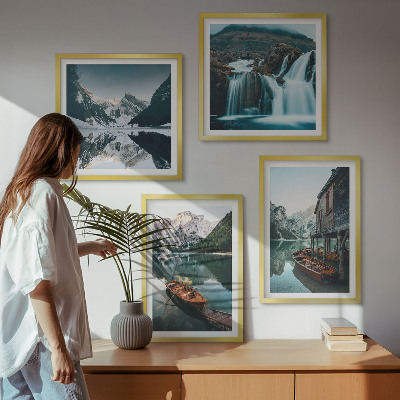 Set of 4 wall art pieces Mountain lakes boats reflection