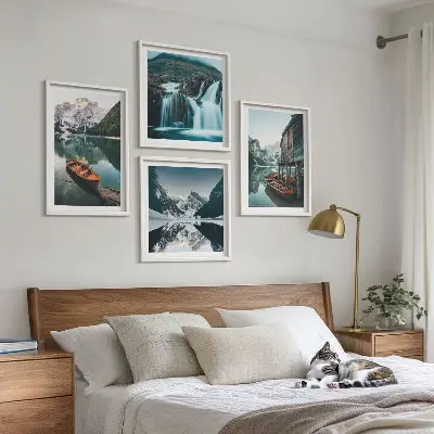 Mountain lakes boats reflection wall art set of 4 pieces