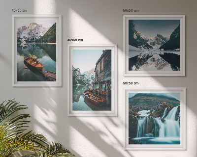 Set of 4 wall art pieces Mountain lakes boats reflection