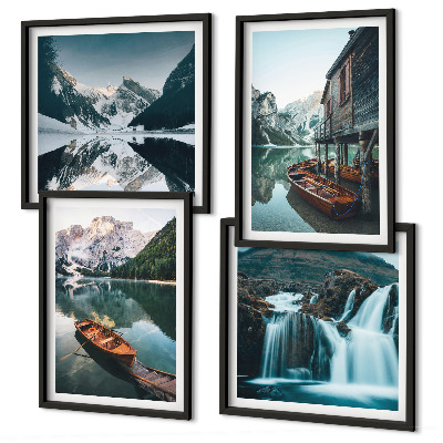 Set of 4 wall art pieces Mountain lakes boats reflection