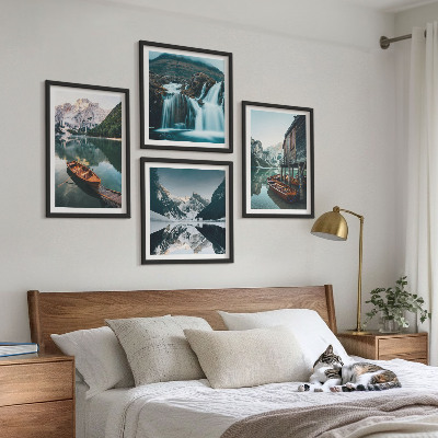 Set of 4 wall art pieces Mountain lakes boats reflection