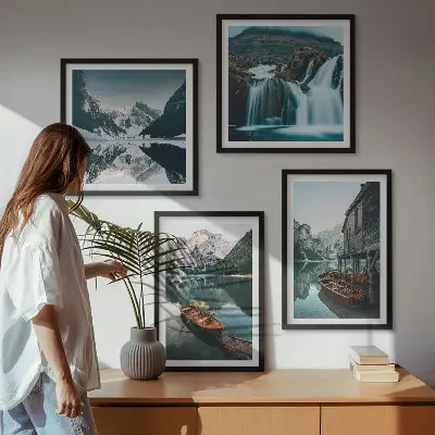Mountain lakes boats reflection wall art set of 4 pieces
