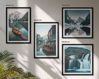 Set of 4 wall art pieces Mountain lakes boats reflection