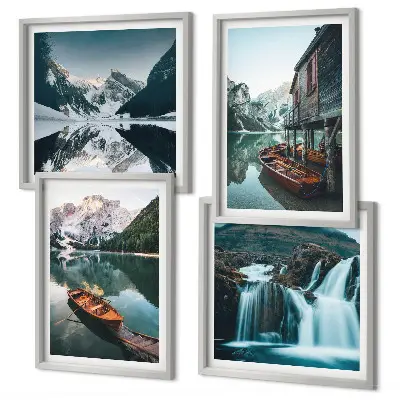Mountain lakes boats reflection wall art set of 4 pieces