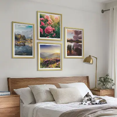 Multi-piece wall art set featuring a floral garden mountain meadow and water landscape