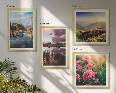 Multi-piece wall art set featuring a floral garden mountain meadow and water landscape