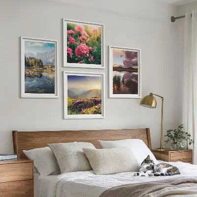 Multi-piece wall art set featuring a floral garden mountain meadow and water landscape