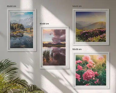 Multi-piece wall art set featuring a floral garden mountain meadow and water landscape