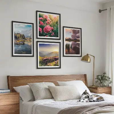 Multi-piece wall art set featuring a floral garden mountain meadow and water landscape