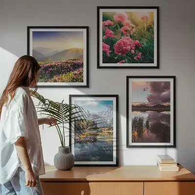 Multi-piece wall art set featuring a floral garden mountain meadow and water landscape