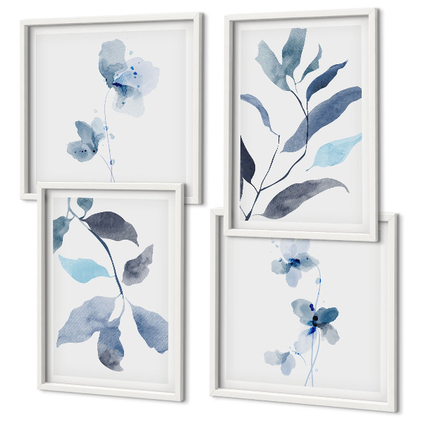 Set of 4 wall art pieces Blue leaves watercolor