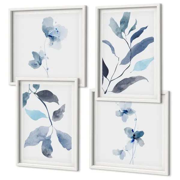 Blue watercolor leaves wall art set of 4 pieces