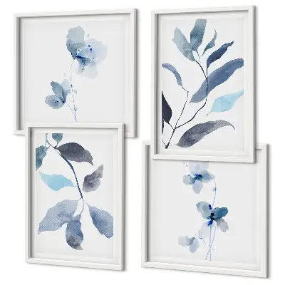 Blue watercolor leaves wall art set of 4 pieces