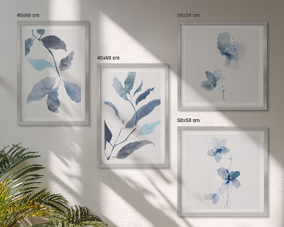 Set of 4 wall art pieces Blue leaves watercolor