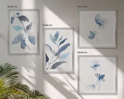 Blue watercolor leaves wall art set of 4 pieces