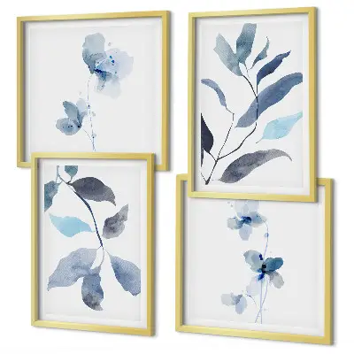 Blue watercolor leaves wall art set of 4 pieces