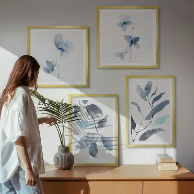 Blue watercolor leaves wall art set of 4 pieces