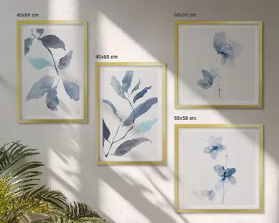 Blue watercolor leaves wall art set of 4 pieces