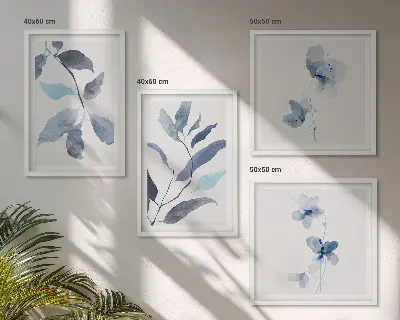 Blue watercolor leaves wall art set of 4 pieces