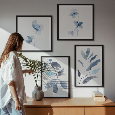 Set of 4 wall art pieces Blue leaves watercolor