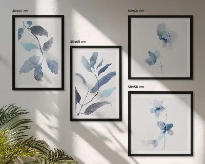 Blue watercolor leaves wall art set of 4 pieces