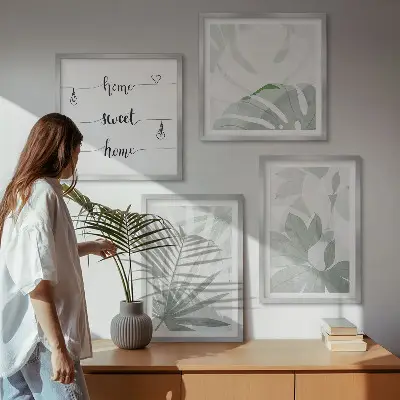 Wall art set with greenish-gray plant leaves
