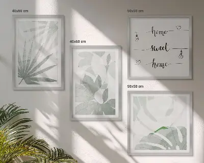 Wall art set with greenish-gray plant leaves