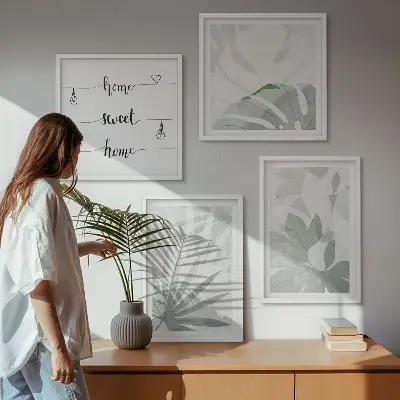 Wall art set with greenish-gray plant leaves